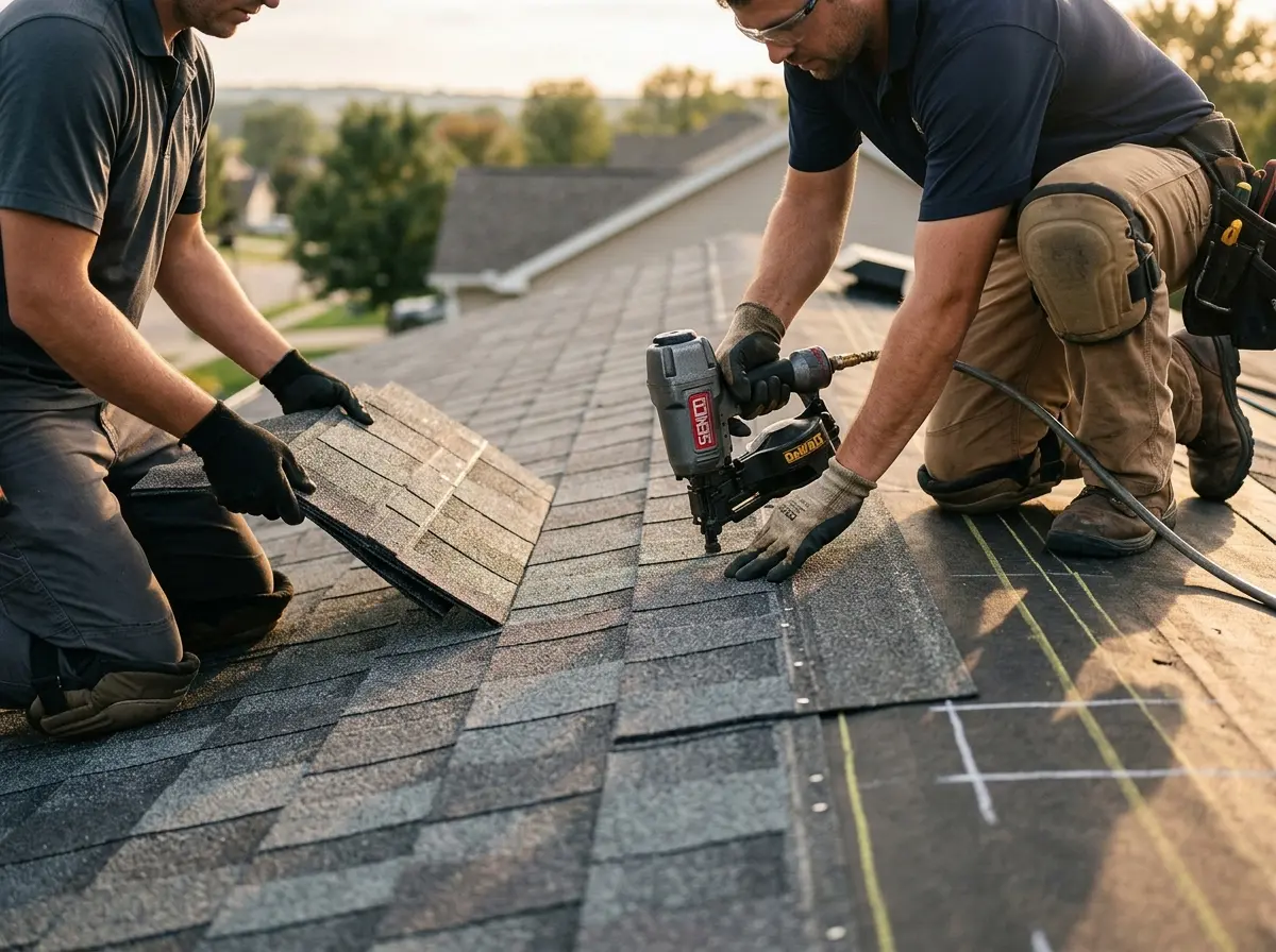 Professional roofer working on a residential roof in Sussex
